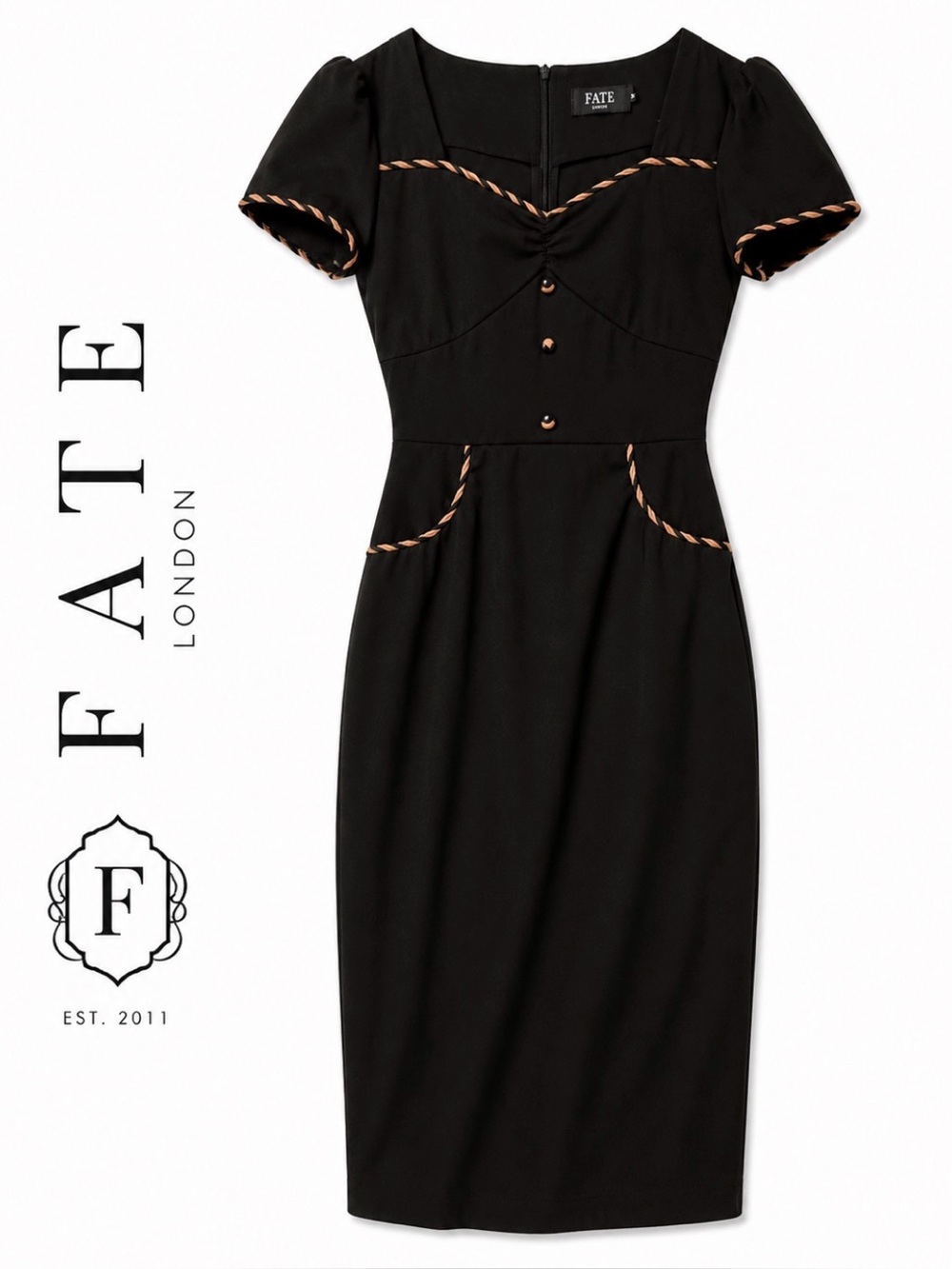 FATE London Pinup Wiggle Dress Black Tan Trim Retro Style Size M
